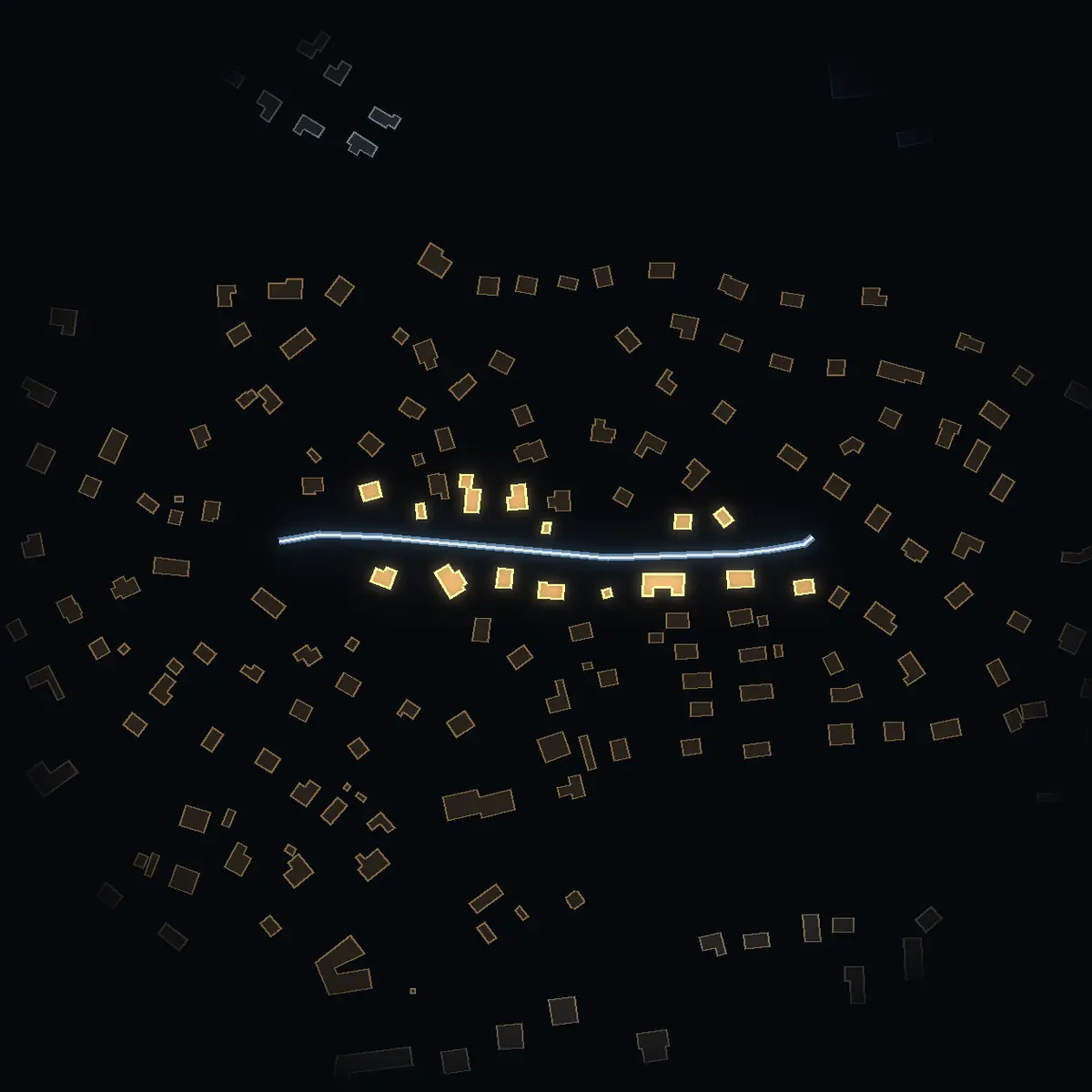 The street at night: Bragevägen drawn in white, its buildings lit in the colour of their area’s income