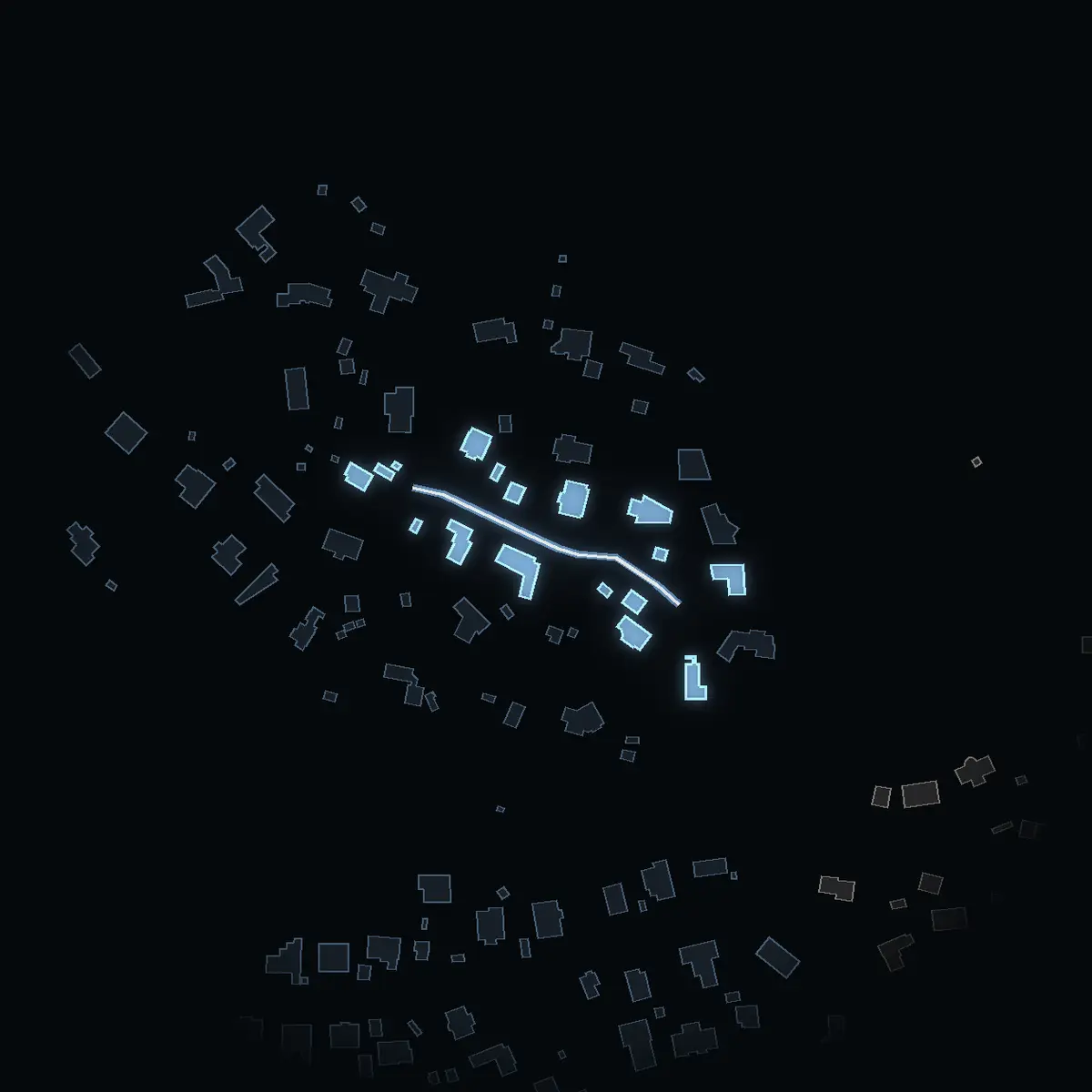 The street at night: Brotorpsvägen drawn in white, its buildings lit in the colour of their area’s income