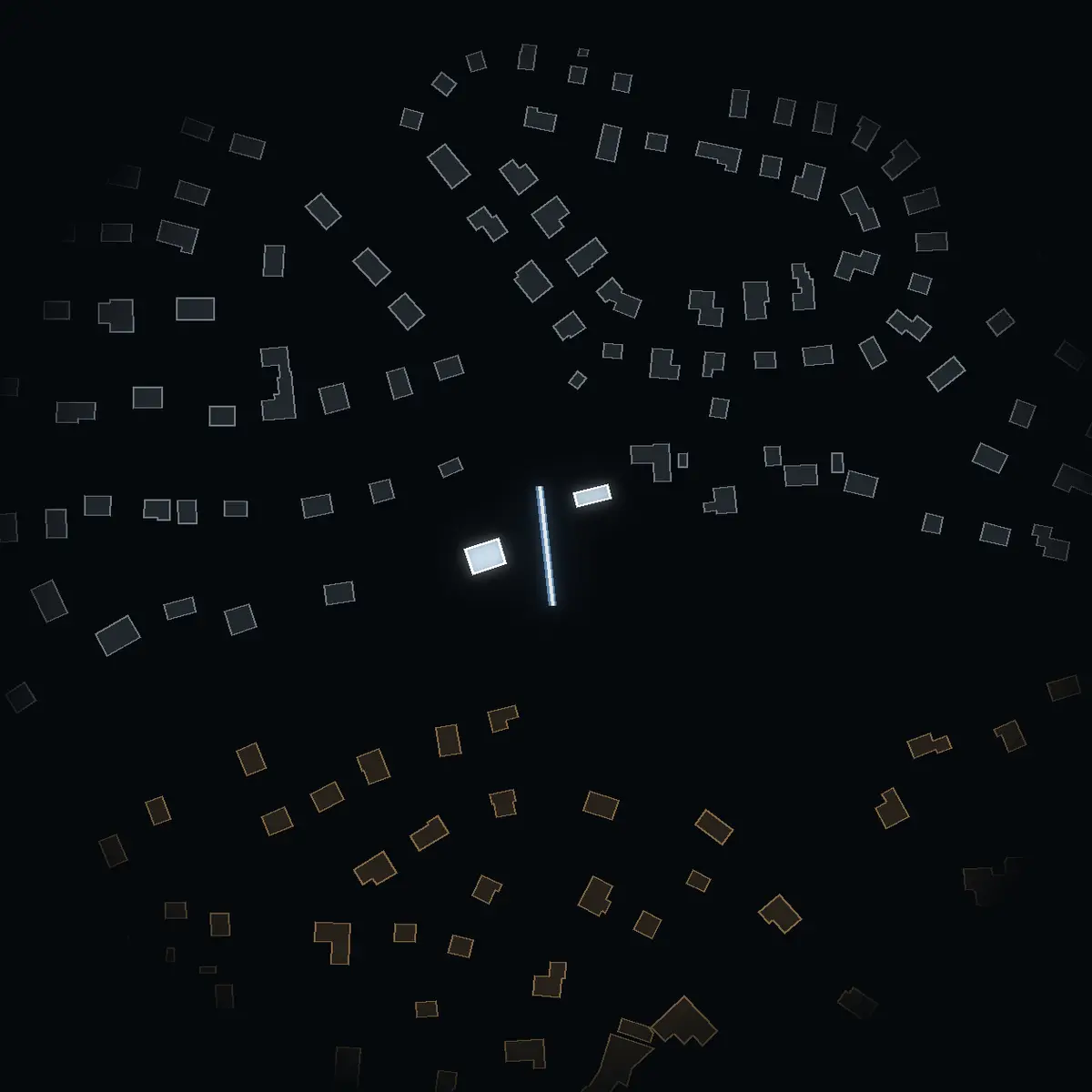 The street at night: Dalängsbacken drawn in white, its buildings lit in the colour of their area’s income