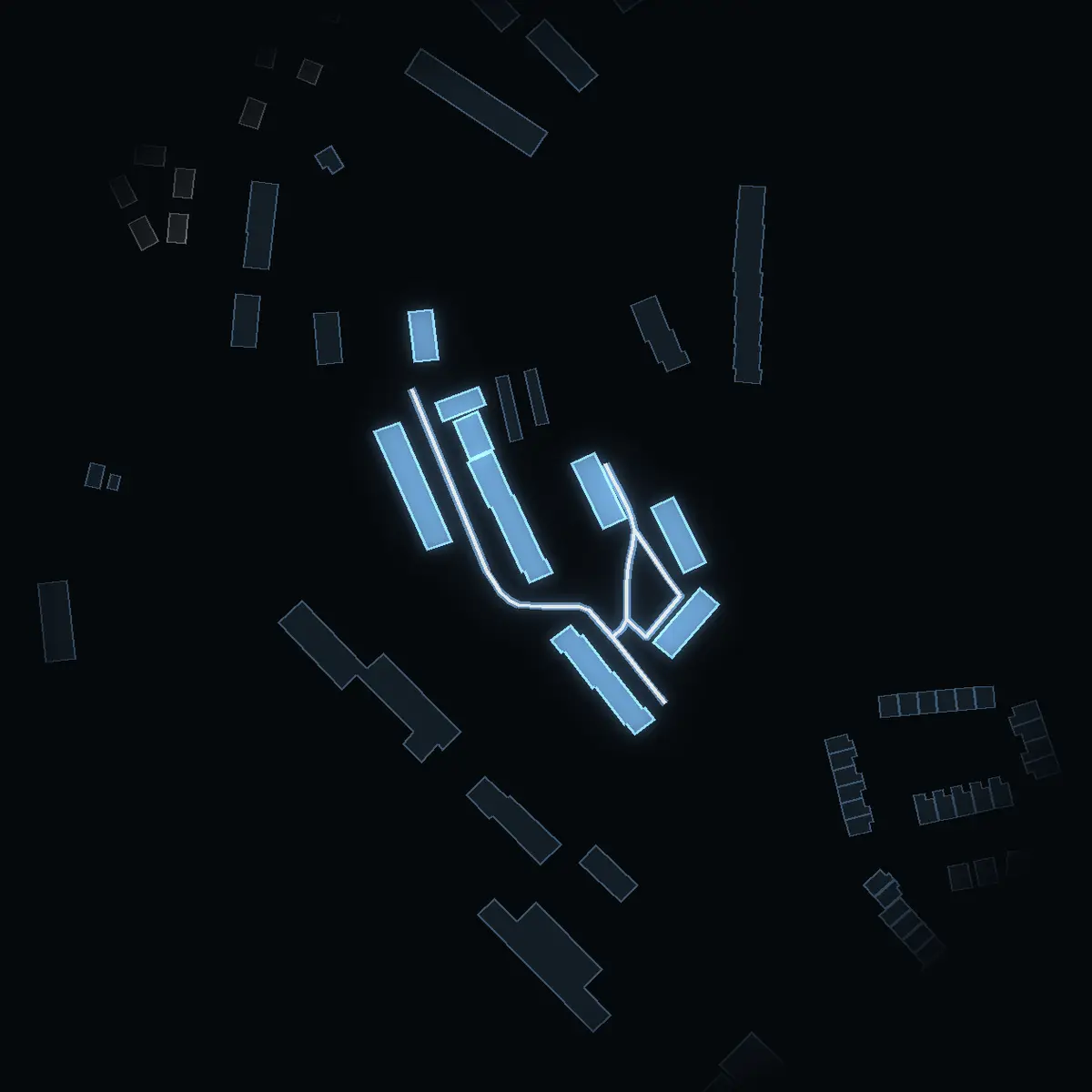 The street at night: Dannemansvägen drawn in white, its buildings lit in the colour of their area’s income