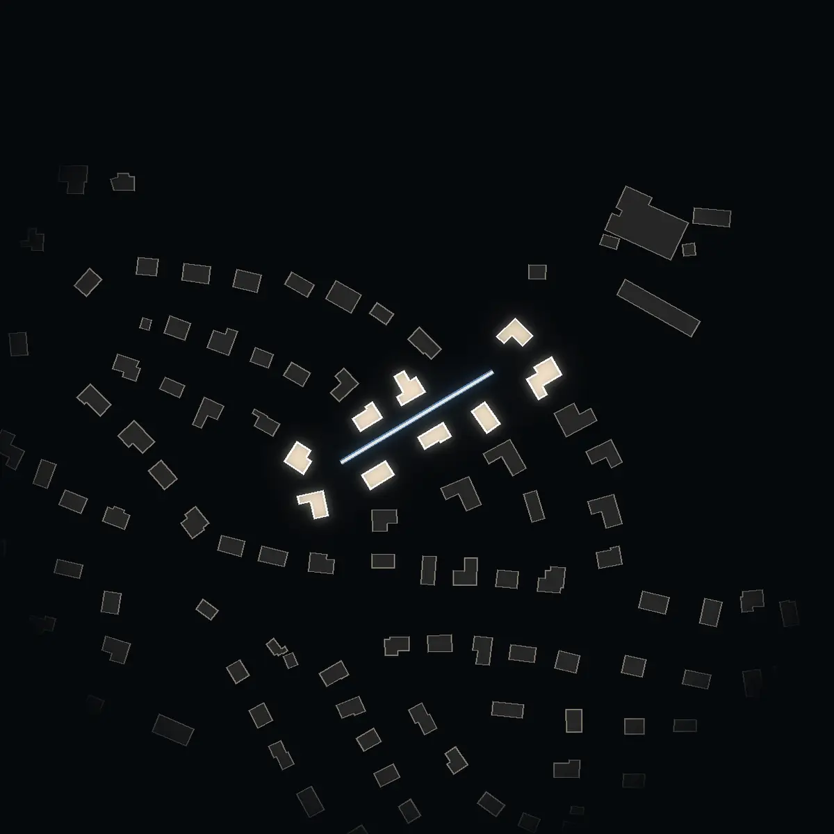 The street at night: Drevstigen drawn in white, its buildings lit in the colour of their area’s income