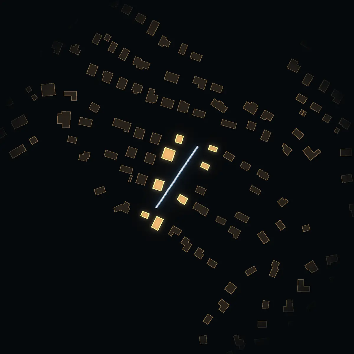 The street at night: Drömstigen drawn in white, its buildings lit in the colour of their area’s income