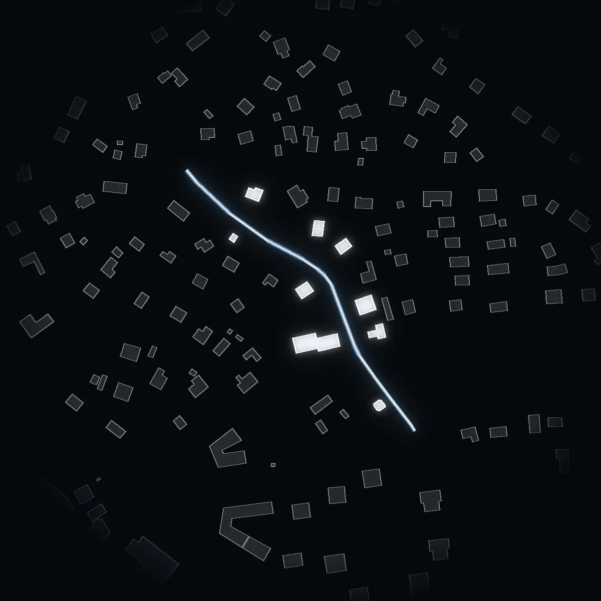 The street at night: Drottvägen drawn in white, its buildings lit in the colour of their area’s income