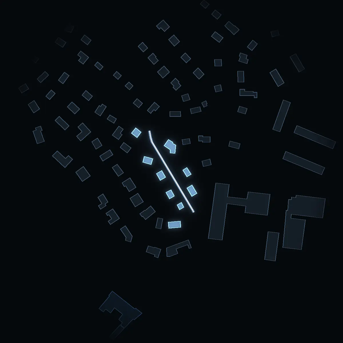 The street at night: Duvstigen drawn in white, its buildings lit in the colour of their area’s income