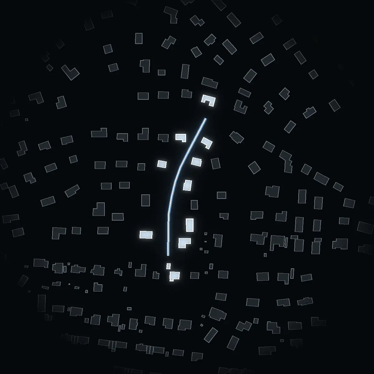 The street at night: Ekstigen drawn in white, its buildings lit in the colour of their area’s income