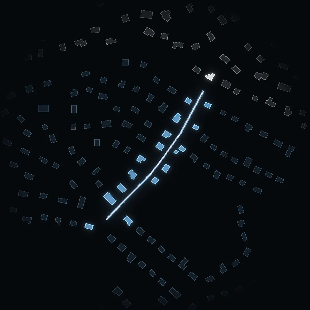 The street at night: Fågelvägen drawn in white, its buildings lit in the colour of their area’s income
