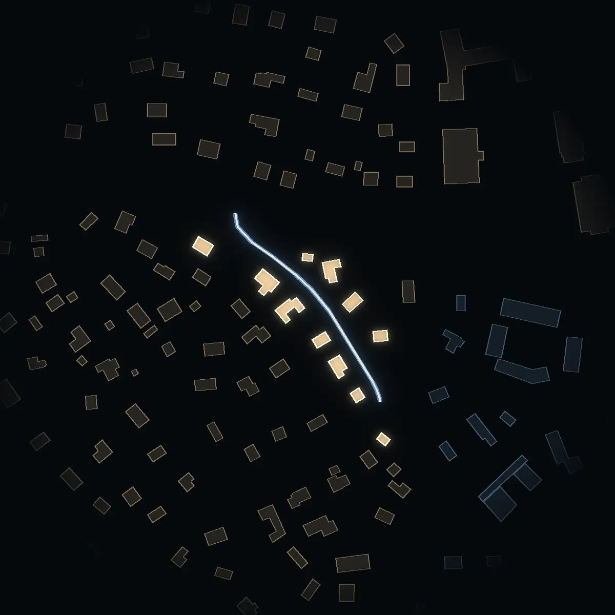 The street at night: Fältstigen drawn in white, its buildings lit in the colour of their area’s income