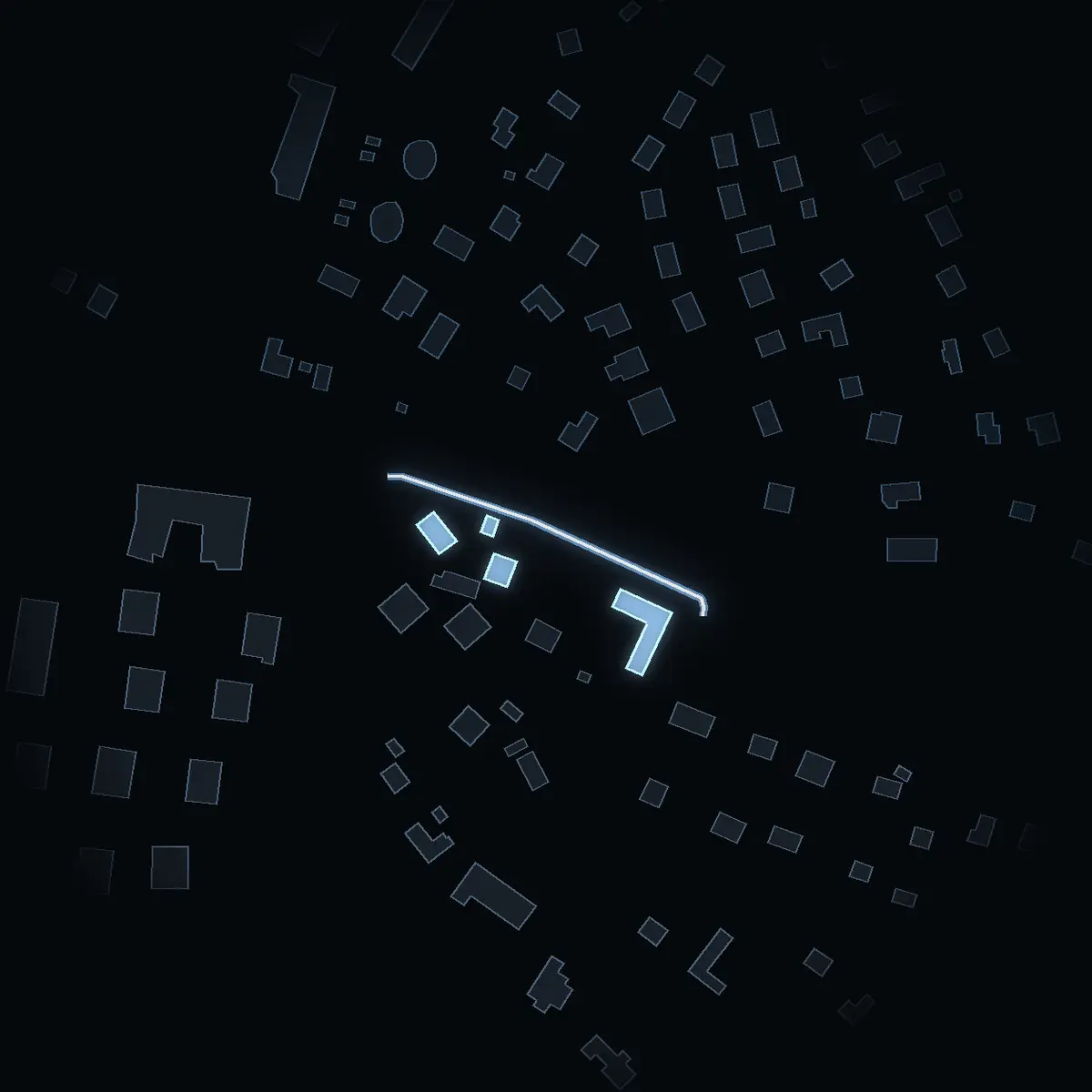 The street at night: Gångstigen drawn in white, its buildings lit in the colour of their area’s income