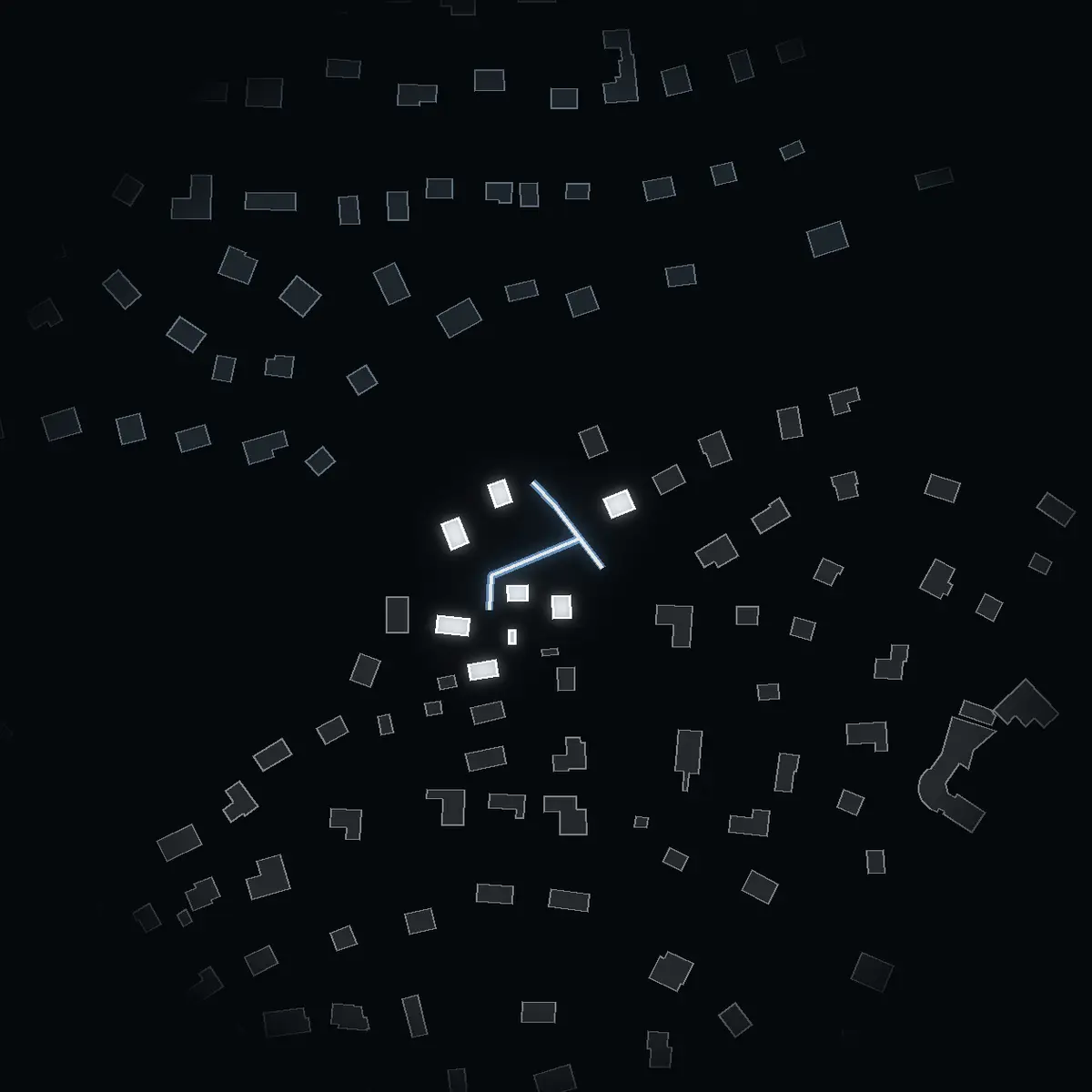 The street at night: Gårdstigen drawn in white, its buildings lit in the colour of their area’s income
