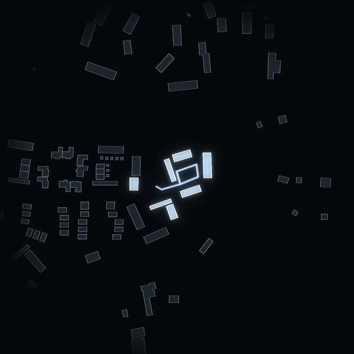 The street at night: Ginsttunet drawn in white, its buildings lit in the colour of their area’s income