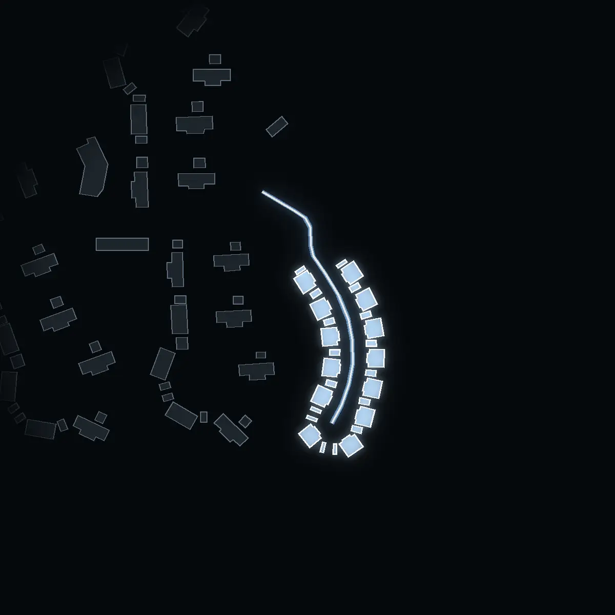 The street at night: Golfvägen drawn in white, its buildings lit in the colour of their area’s income