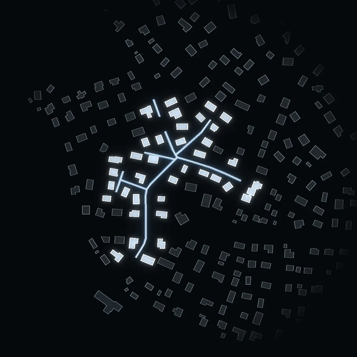 The street at night: Gösvägen drawn in white, its buildings lit in the colour of their area’s income