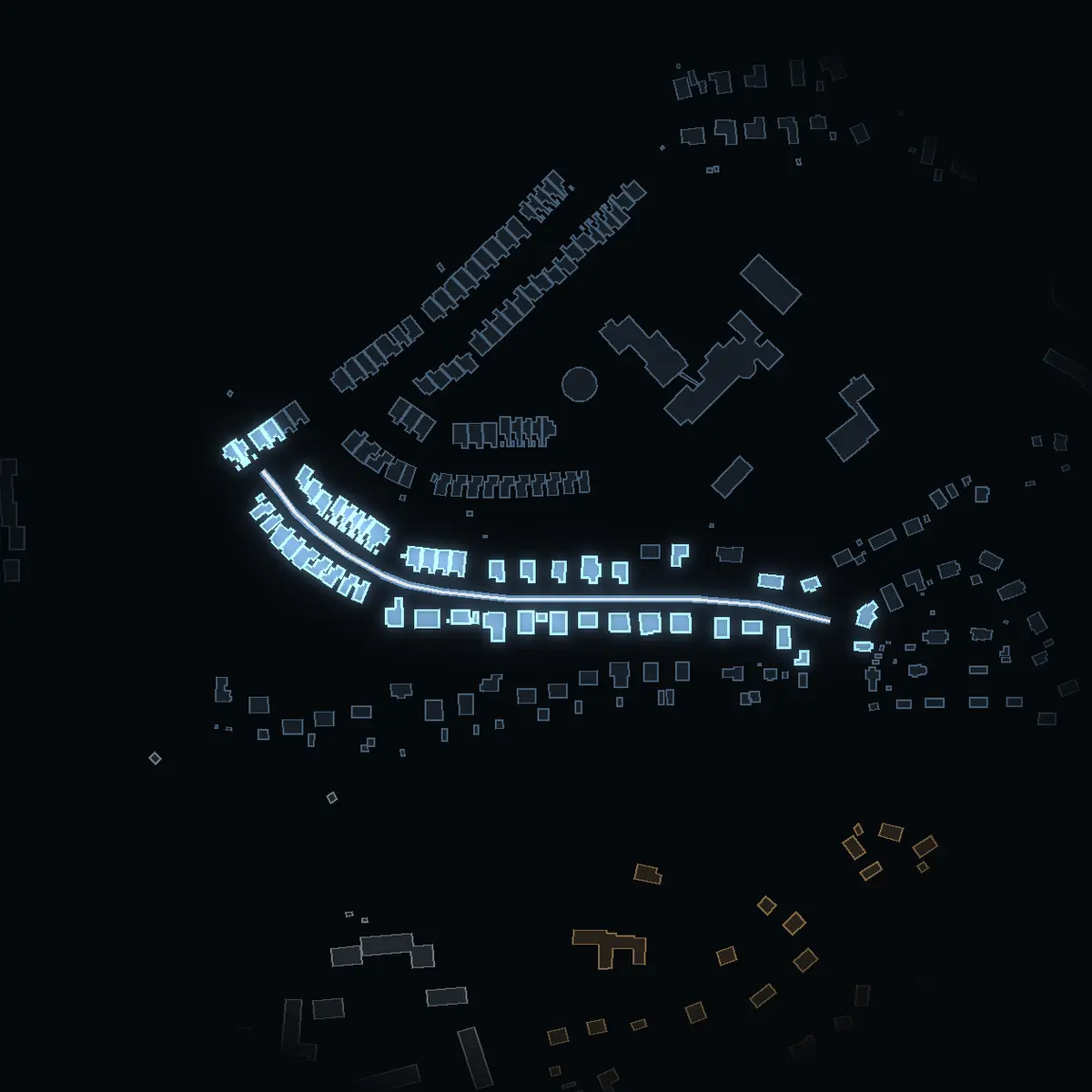 The street at night: Granbacksvägen drawn in white, its buildings lit in the colour of their area’s income