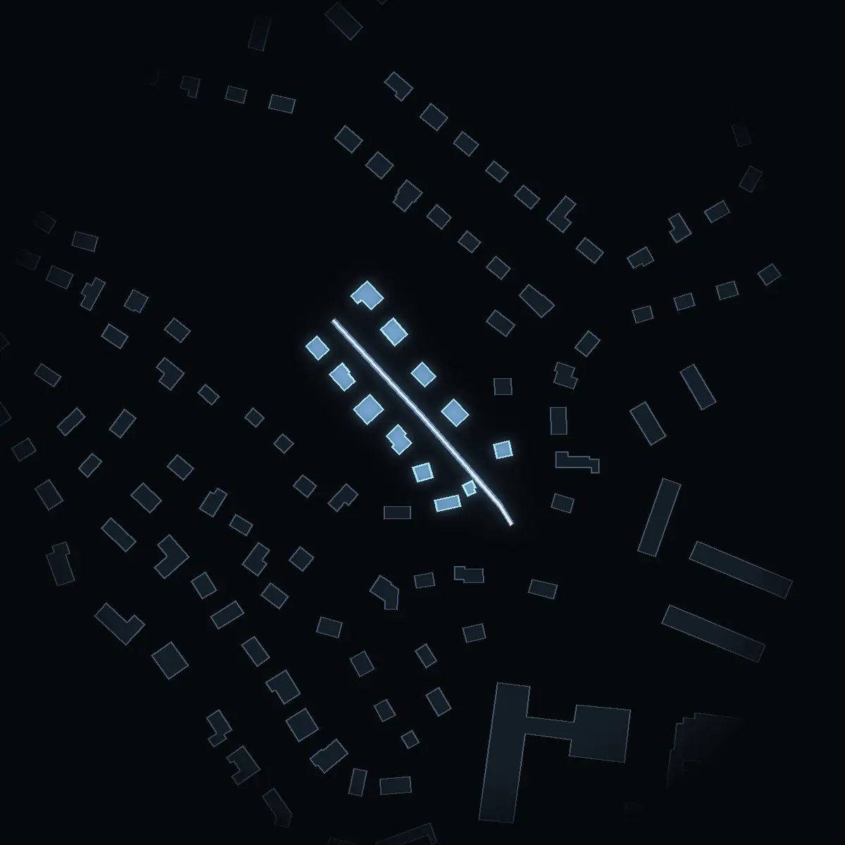 The street at night: Hägerstigen drawn in white, its buildings lit in the colour of their area’s income