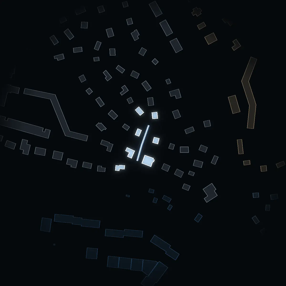 The street at night: Hallstigen drawn in white, its buildings lit in the colour of their area’s income