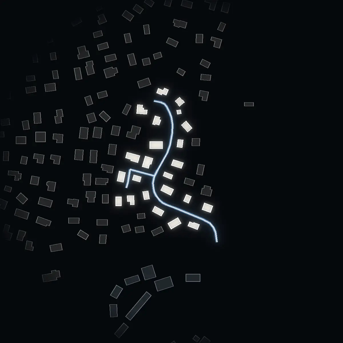 The street at night: Harrvägen drawn in white, its buildings lit in the colour of their area’s income