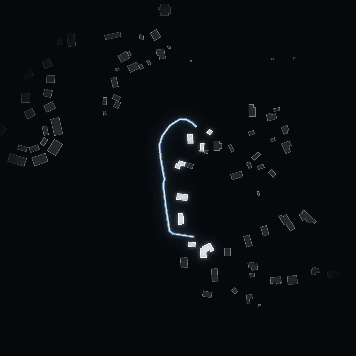 The street at night: Höggårdsvägen drawn in white, its buildings lit in the colour of their area’s income