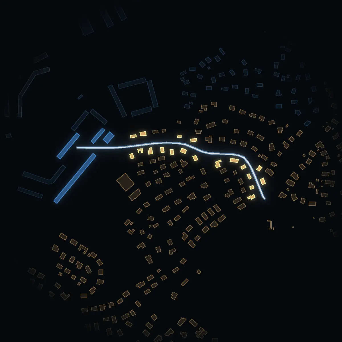 The street at night: Jupitervägen drawn in white, its buildings lit in the colour of their area’s income