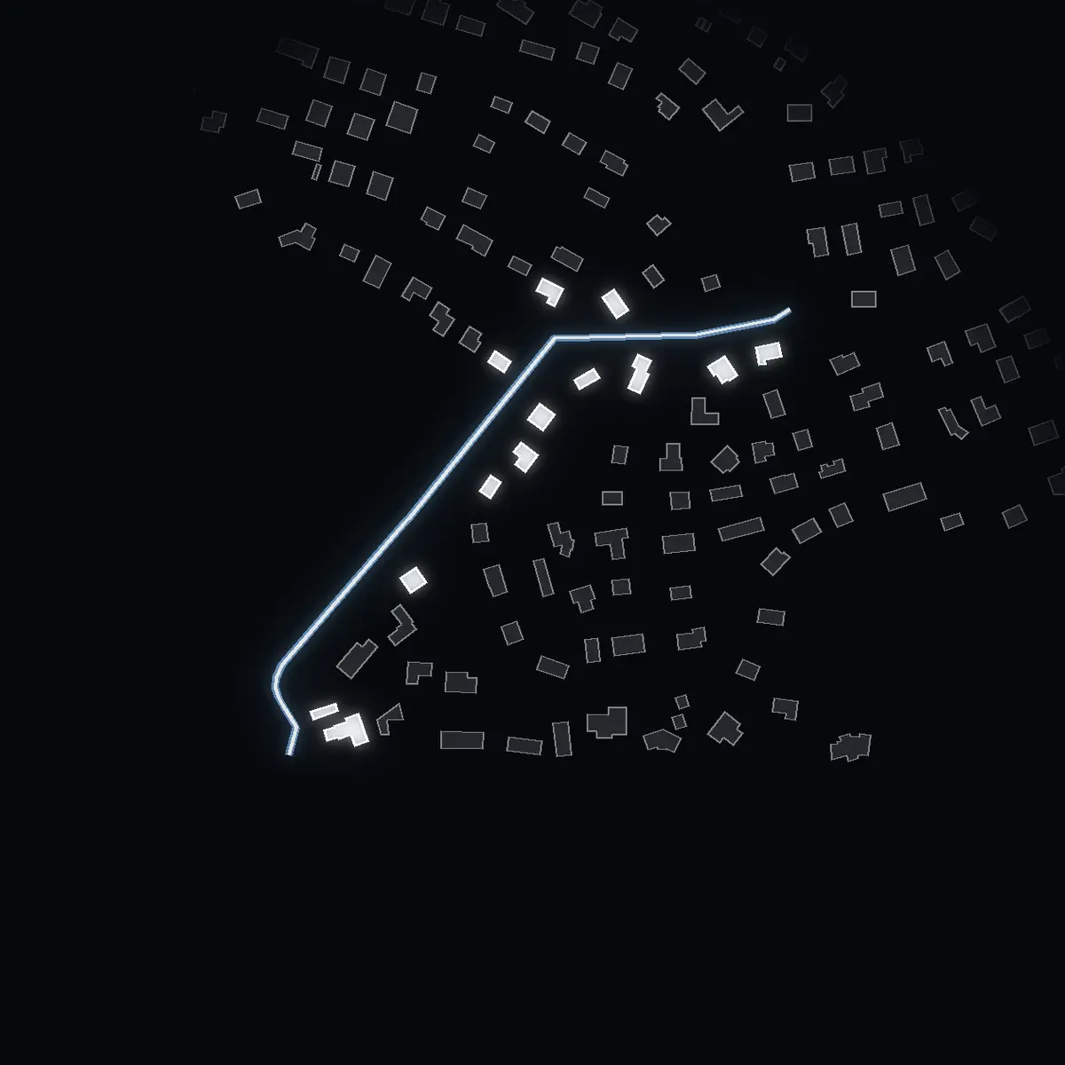 The street at night: Klövervägen drawn in white, its buildings lit in the colour of their area’s income