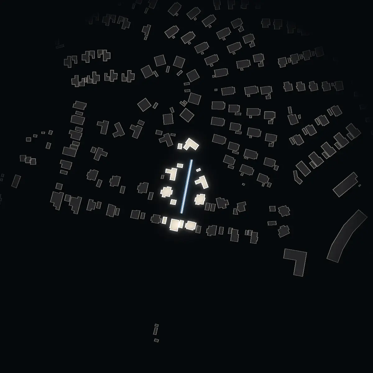 The street at night: Korallvägen drawn in white, its buildings lit in the colour of their area’s income