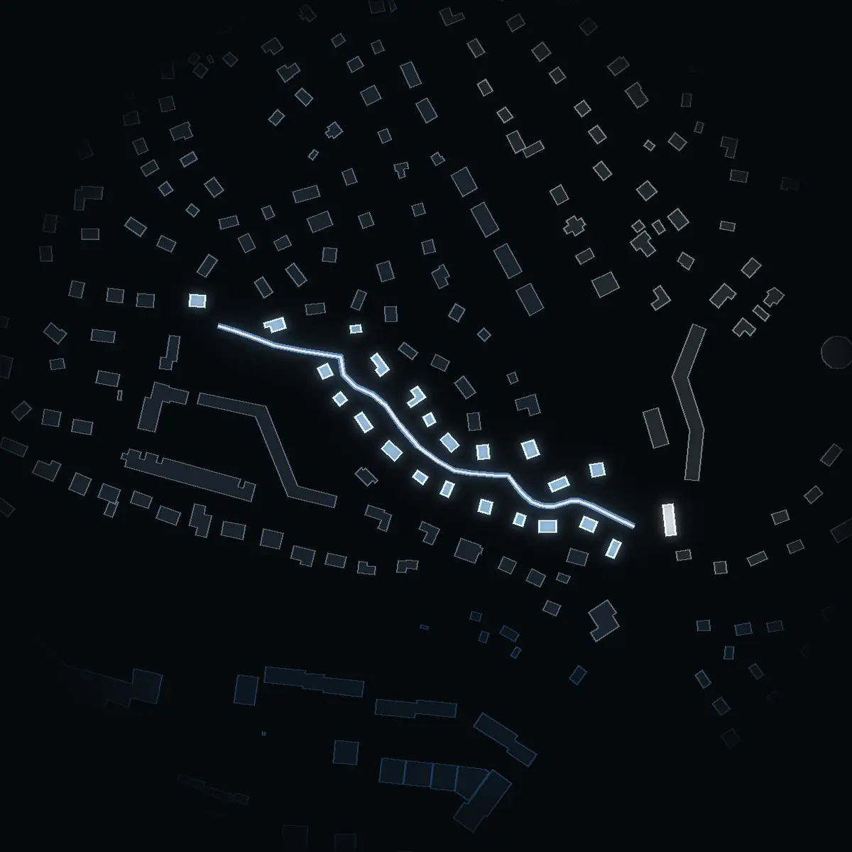 The street at night: Lapplandsvägen drawn in white, its buildings lit in the colour of their area’s income
