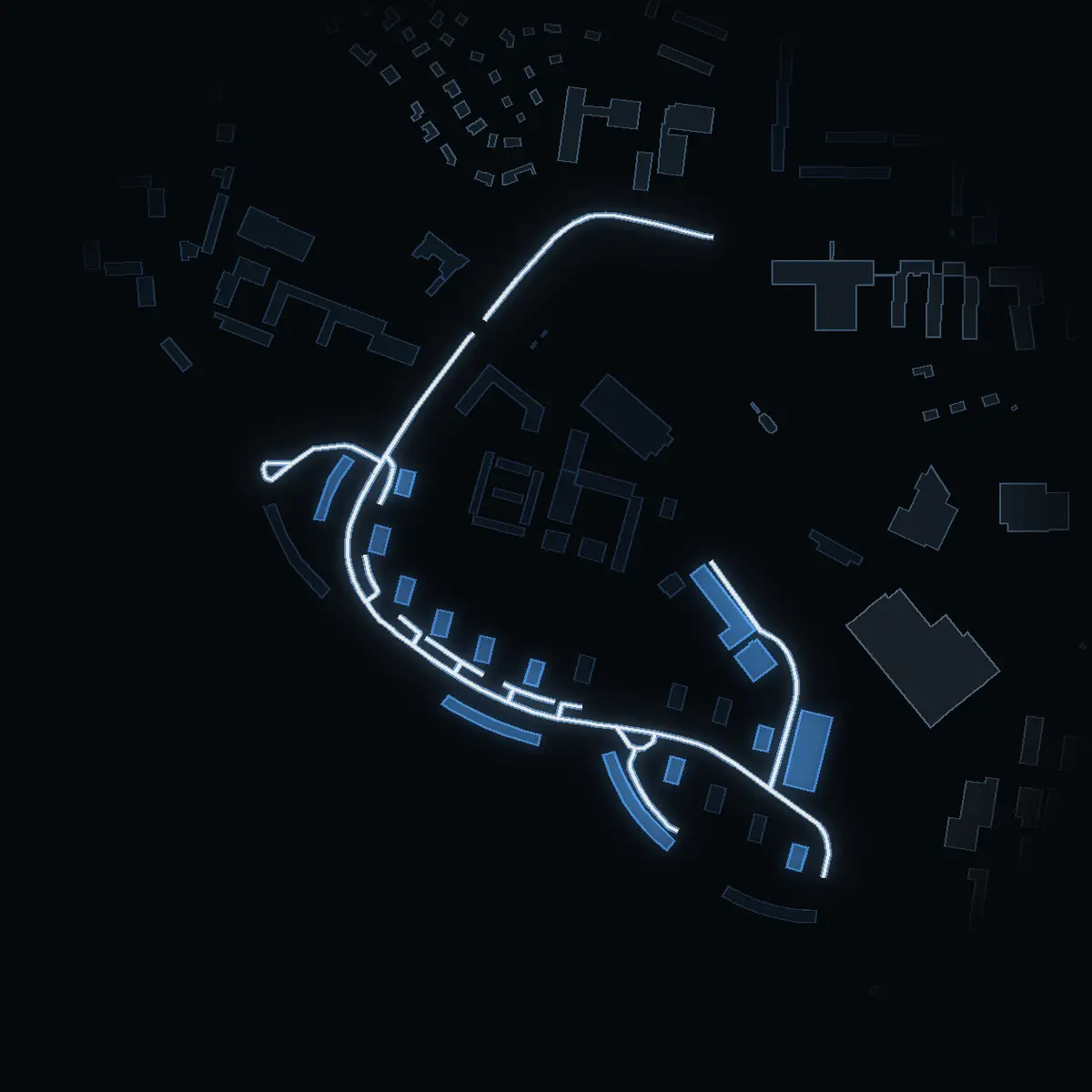 Gatan nattetid: Larsbergsvägen inritad i vitt, husen tända i färgen för områdets inkomst
