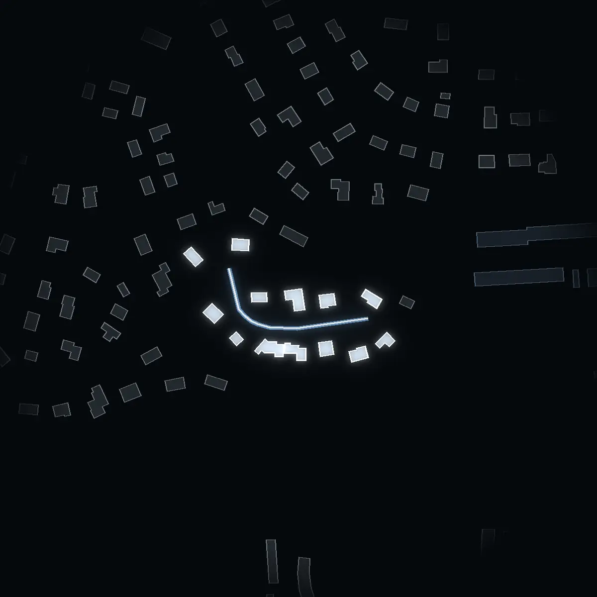 The street at night: Lerduvestigen drawn in white, its buildings lit in the colour of their area’s income