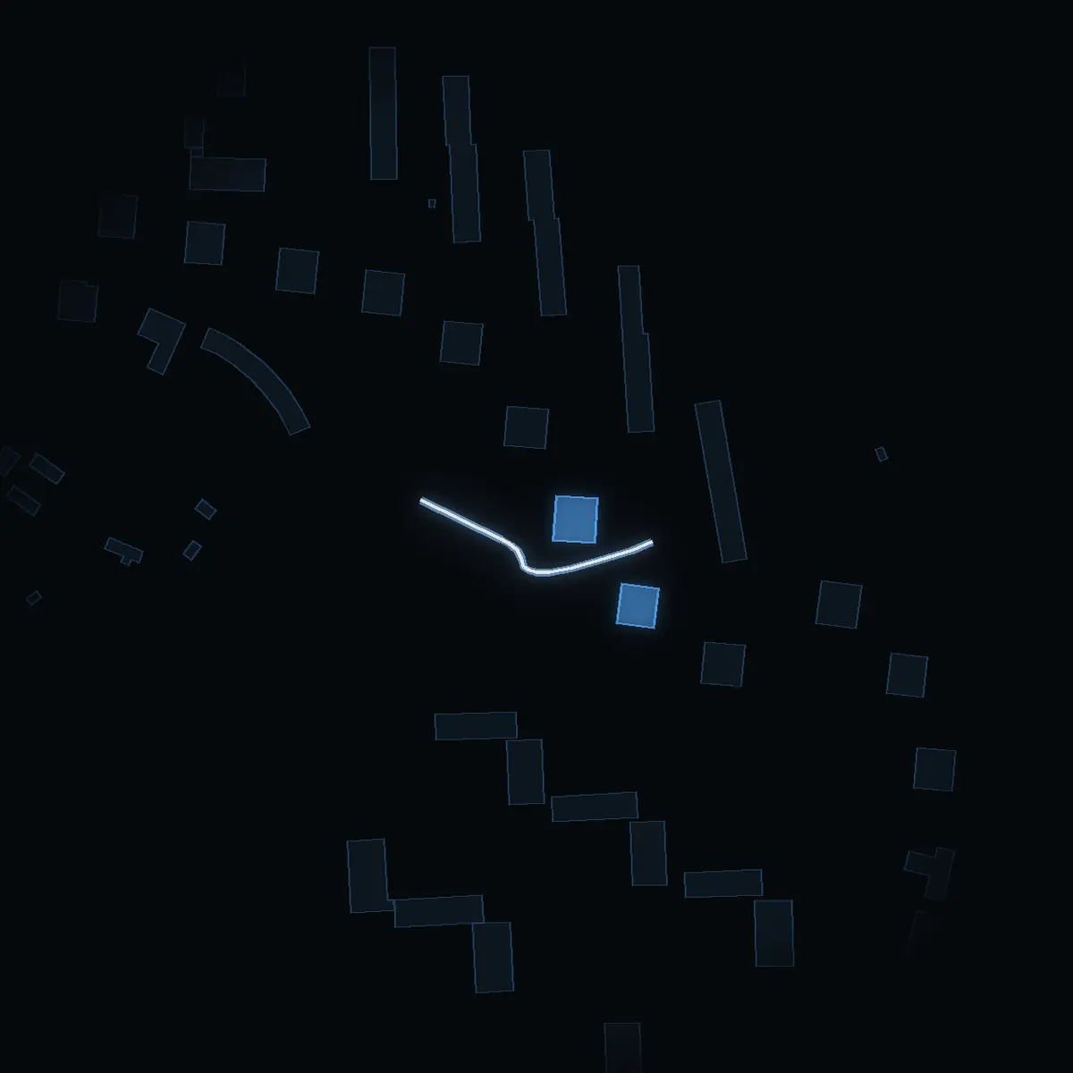 The street at night: Lidingsbergsvägen drawn in white, its buildings lit in the colour of their area’s income