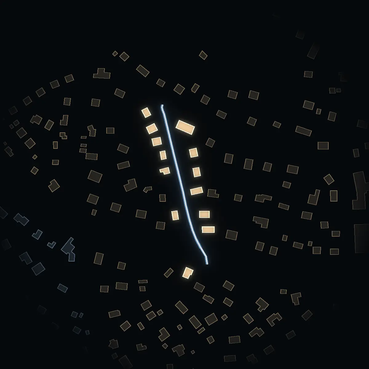 The street at night: Lokevägen drawn in white, its buildings lit in the colour of their area’s income