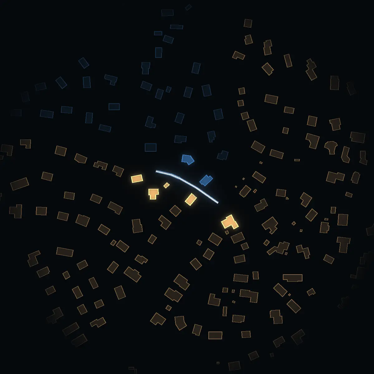 The street at night: Måndagsvägen drawn in white, its buildings lit in the colour of their area’s income