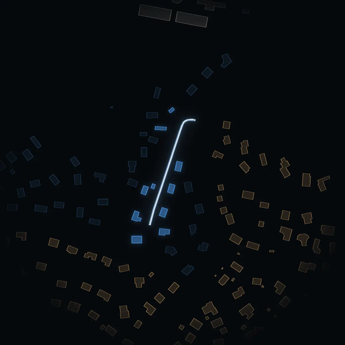 The street at night: Månkroken drawn in white, its buildings lit in the colour of their area’s income