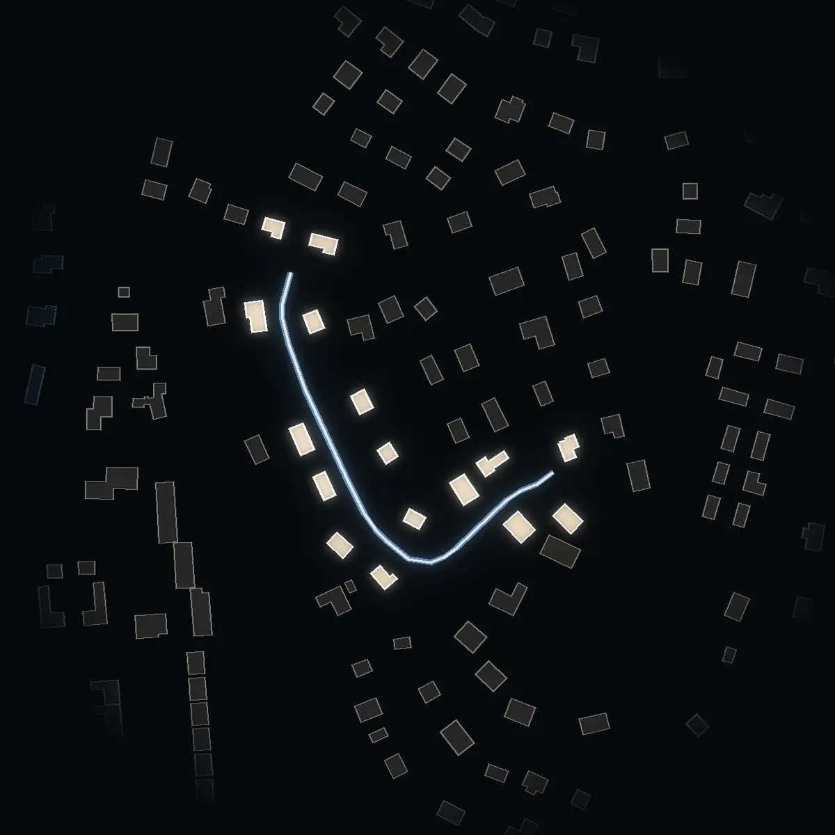 The street at night: Murarstigen drawn in white, its buildings lit in the colour of their area’s income