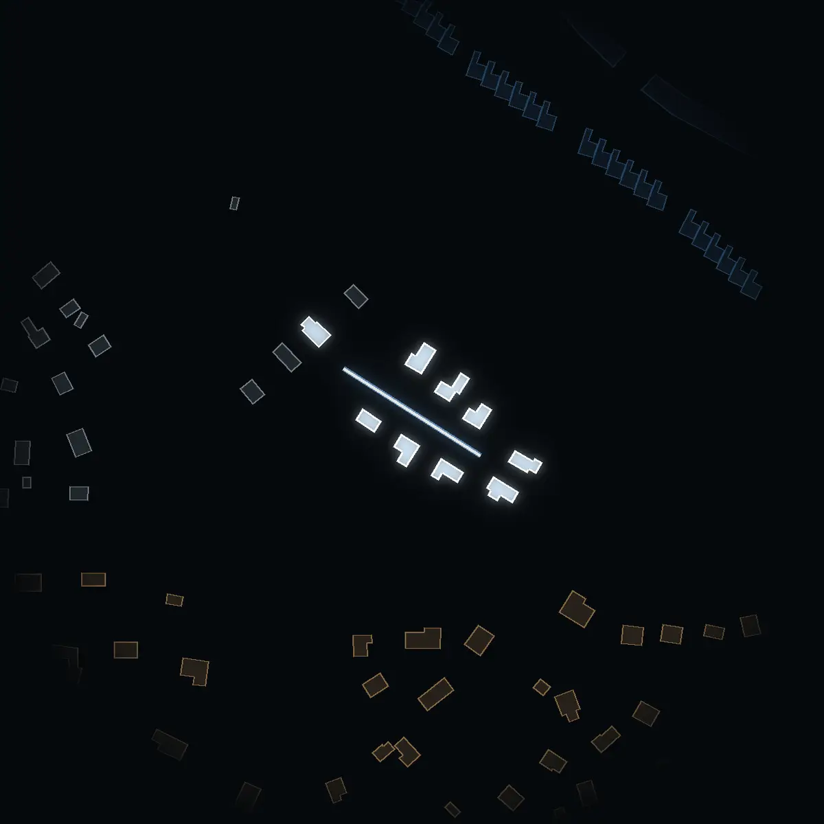 The street at night: Nässelstigen drawn in white, its buildings lit in the colour of their area’s income