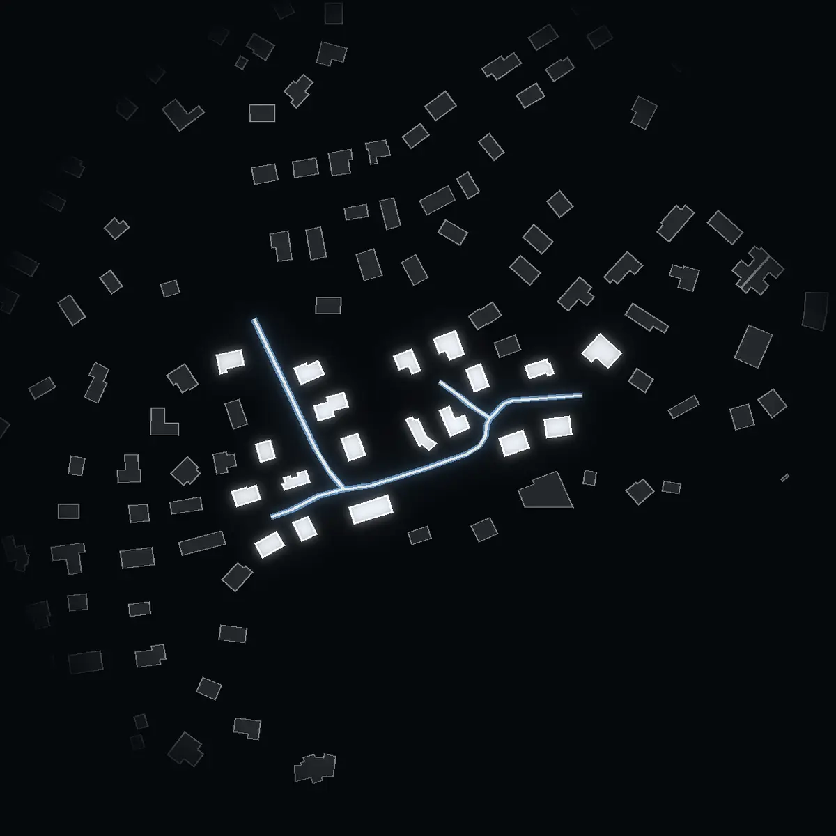 The street at night: Norrviksvägen drawn in white, its buildings lit in the colour of their area’s income
