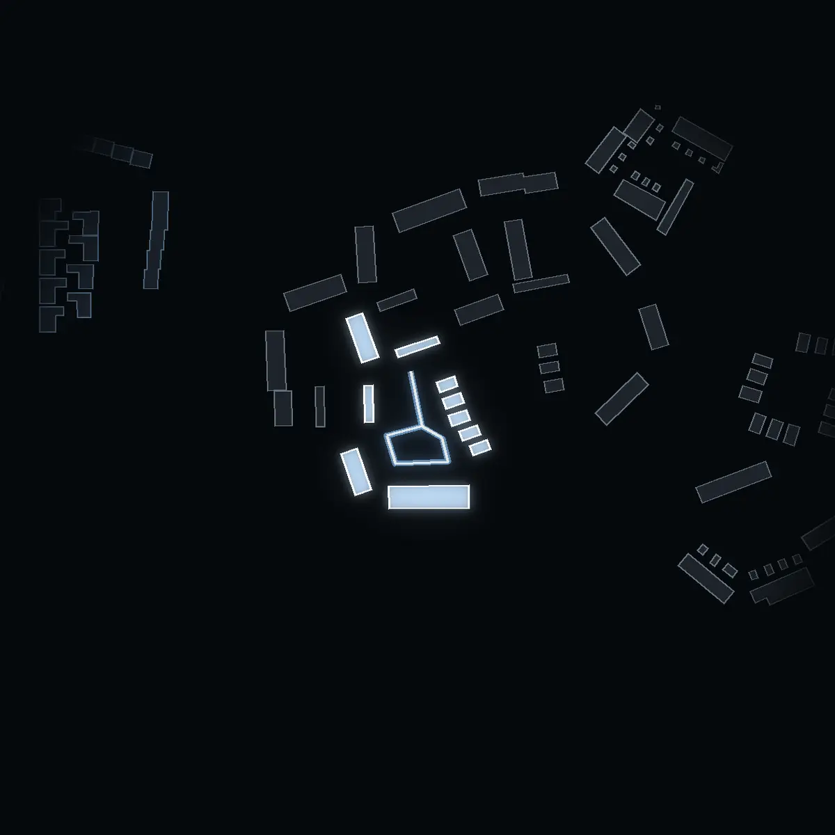 The street at night: Olvontunet drawn in white, its buildings lit in the colour of their area’s income