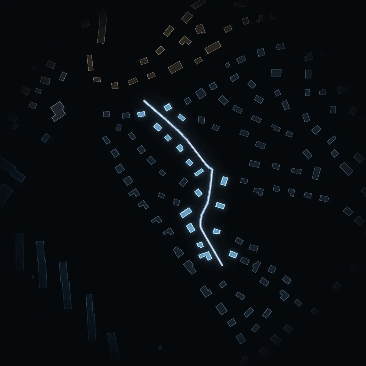 The street at night: Orrstigen drawn in white, its buildings lit in the colour of their area’s income