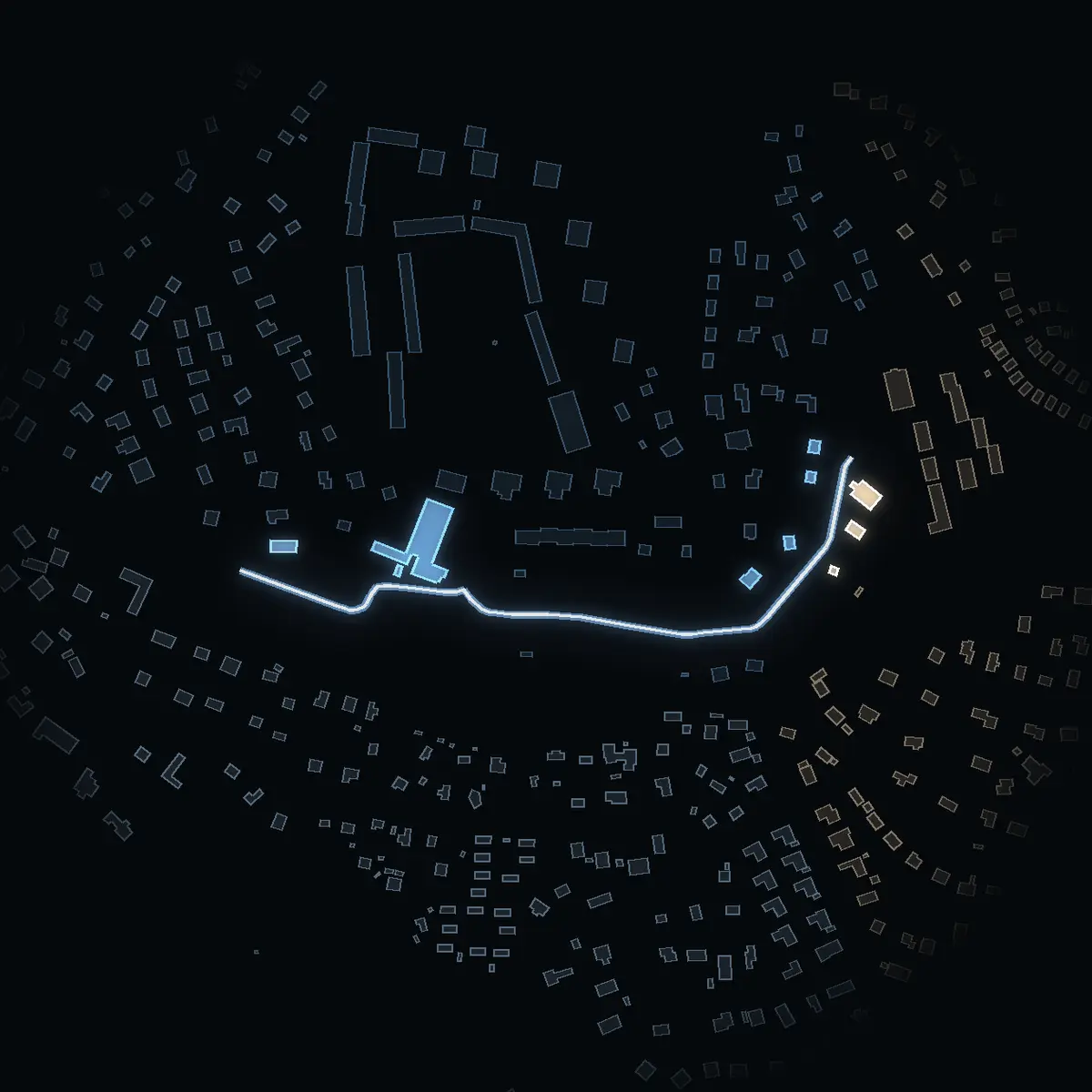 The street at night: Parkvägen drawn in white, its buildings lit in the colour of their area’s income