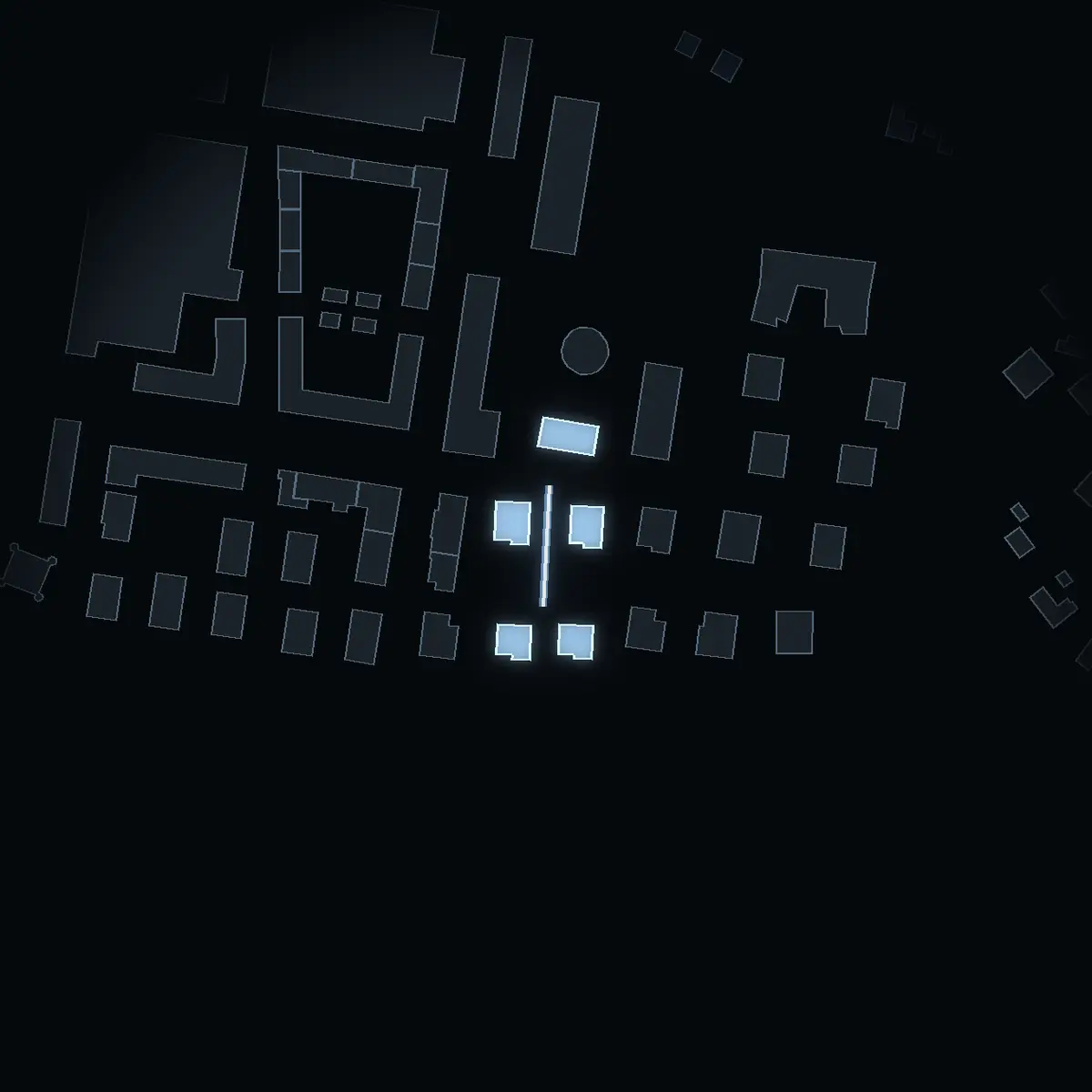 The street at night: Reflektorstigen drawn in white, its buildings lit in the colour of their area’s income
