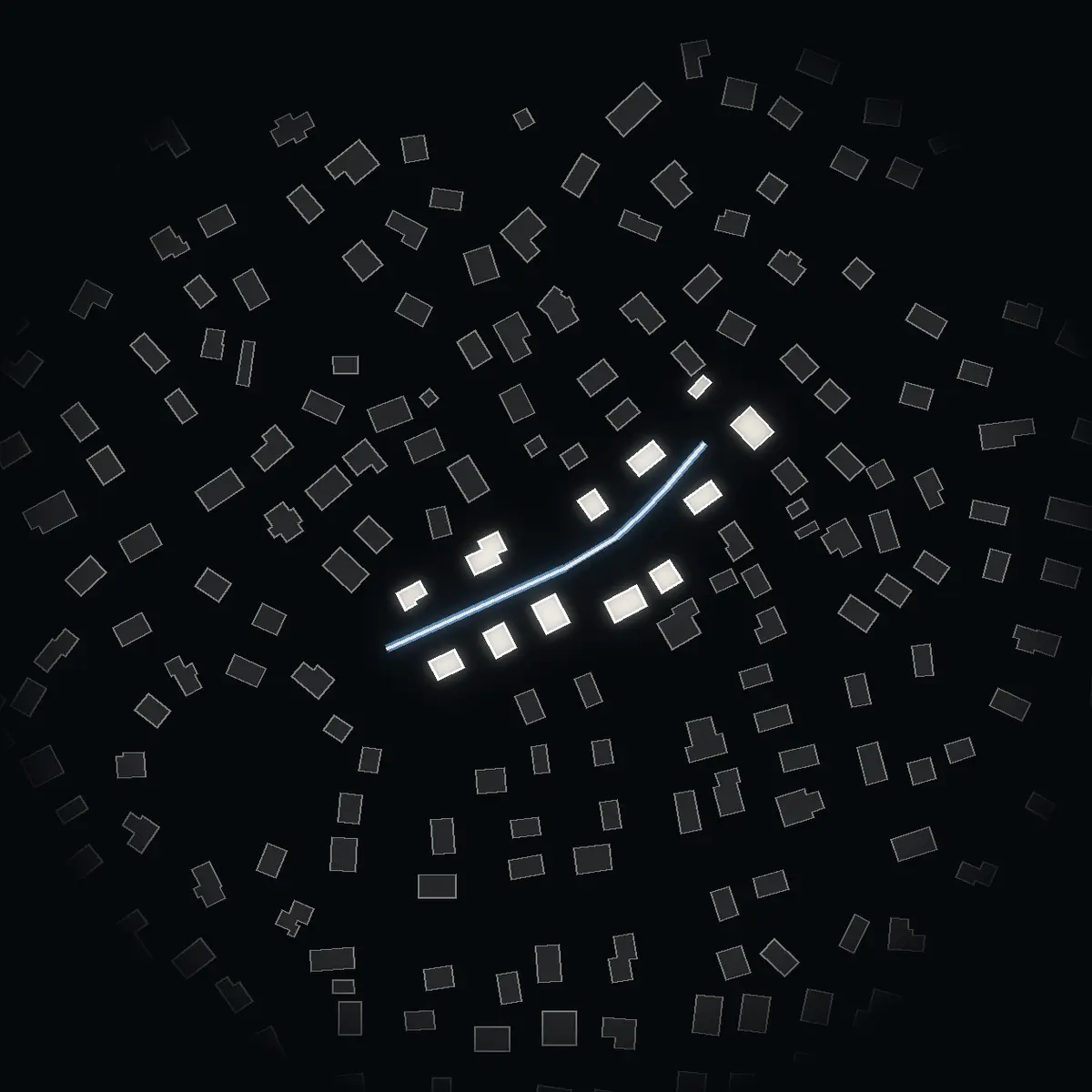 The street at night: Rödingvägen drawn in white, its buildings lit in the colour of their area’s income