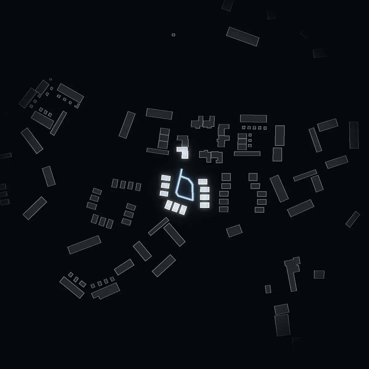 The street at night: Rönntunet drawn in white, its buildings lit in the colour of their area’s income