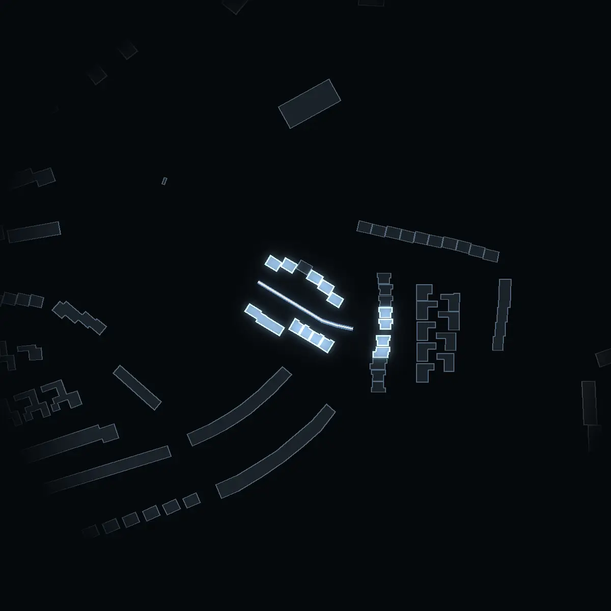 The street at night: Sågstigen drawn in white, its buildings lit in the colour of their area’s income