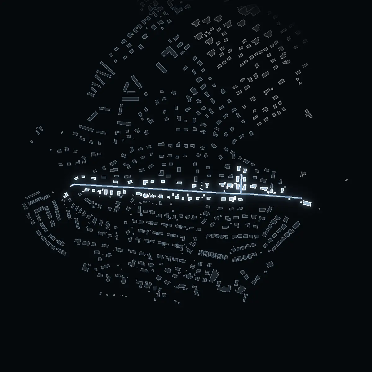The street at night: Saltsjövägen drawn in white, its buildings lit in the colour of their area’s income