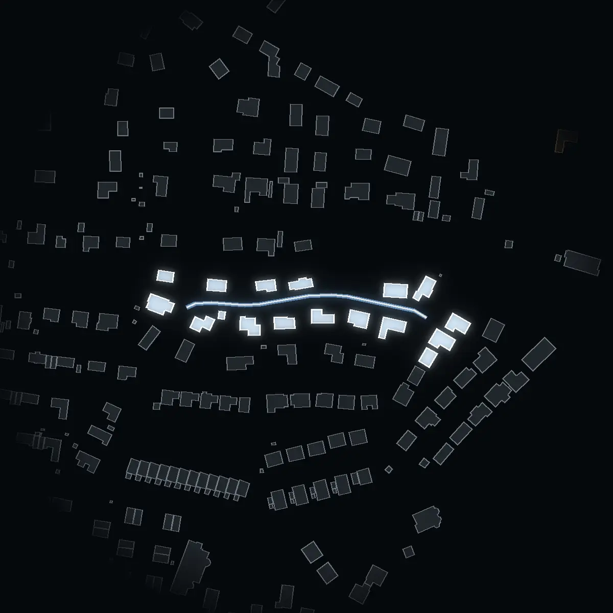 The street at night: Säterstigen drawn in white, its buildings lit in the colour of their area’s income