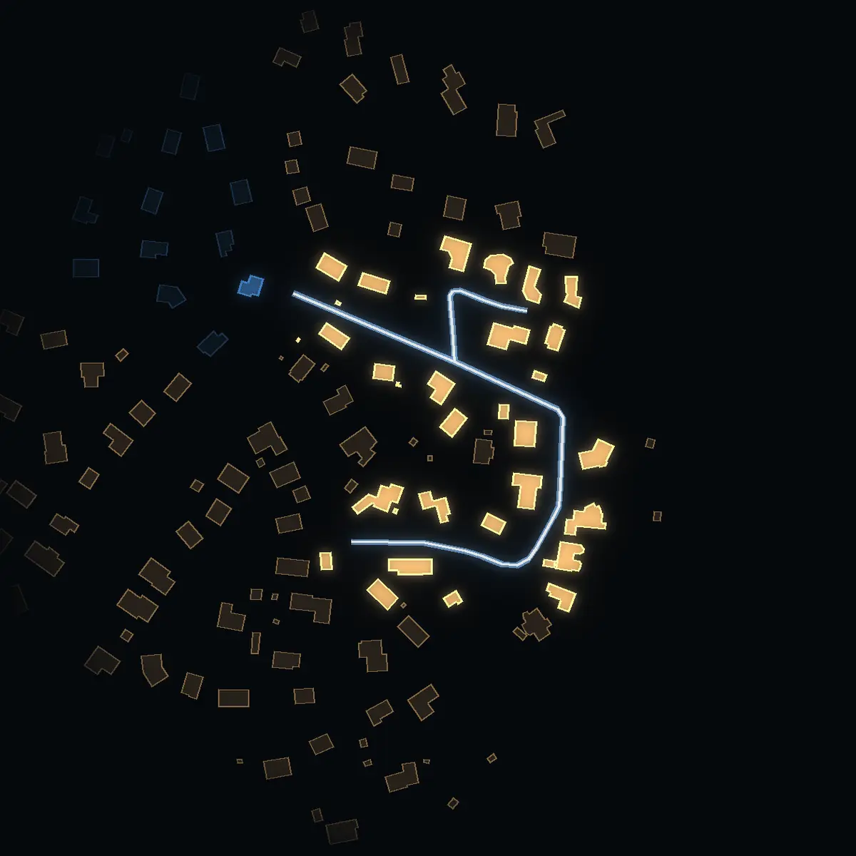 The street at night: Saturnusringen drawn in white, its buildings lit in the colour of their area’s income