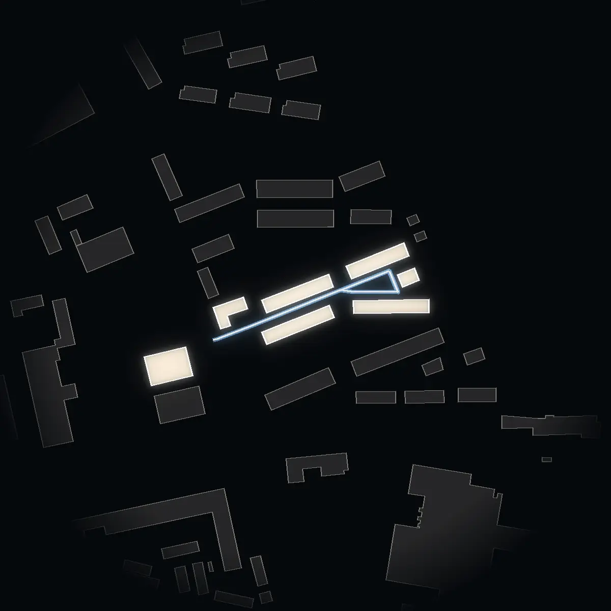 The street at night: Slipvägen drawn in white, its buildings lit in the colour of their area’s income