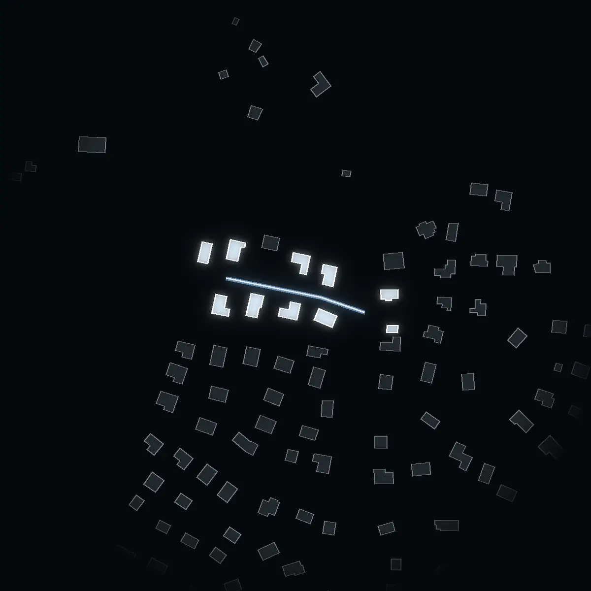 The street at night: Spanarstigen drawn in white, its buildings lit in the colour of their area’s income