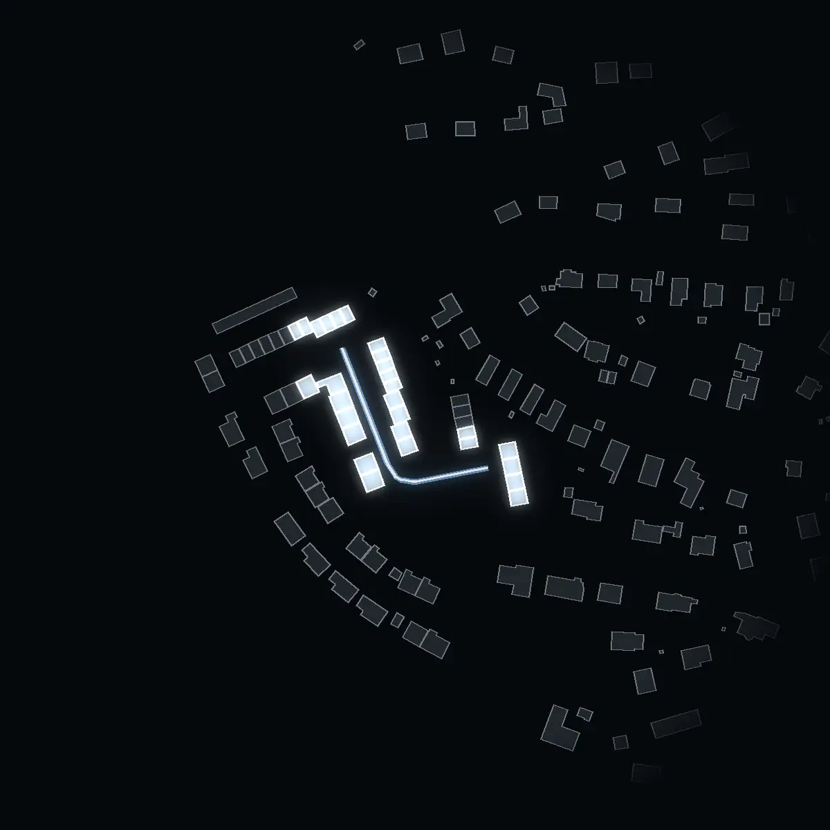 The street at night: Stenbacksstigen drawn in white, its buildings lit in the colour of their area’s income
