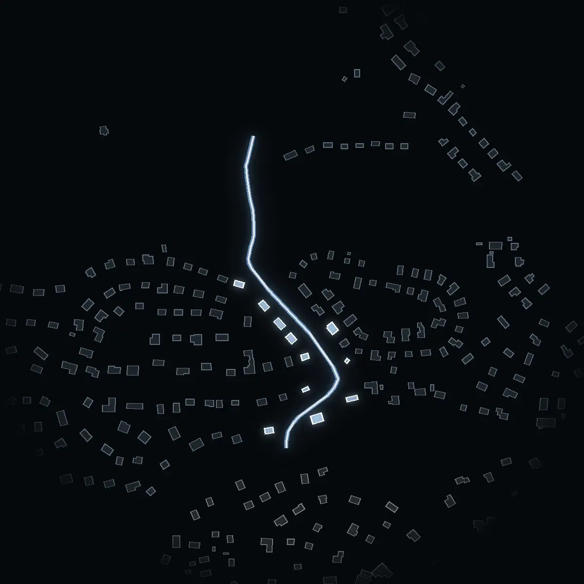 The street at night: Sticklingevägen drawn in white, its buildings lit in the colour of their area’s income