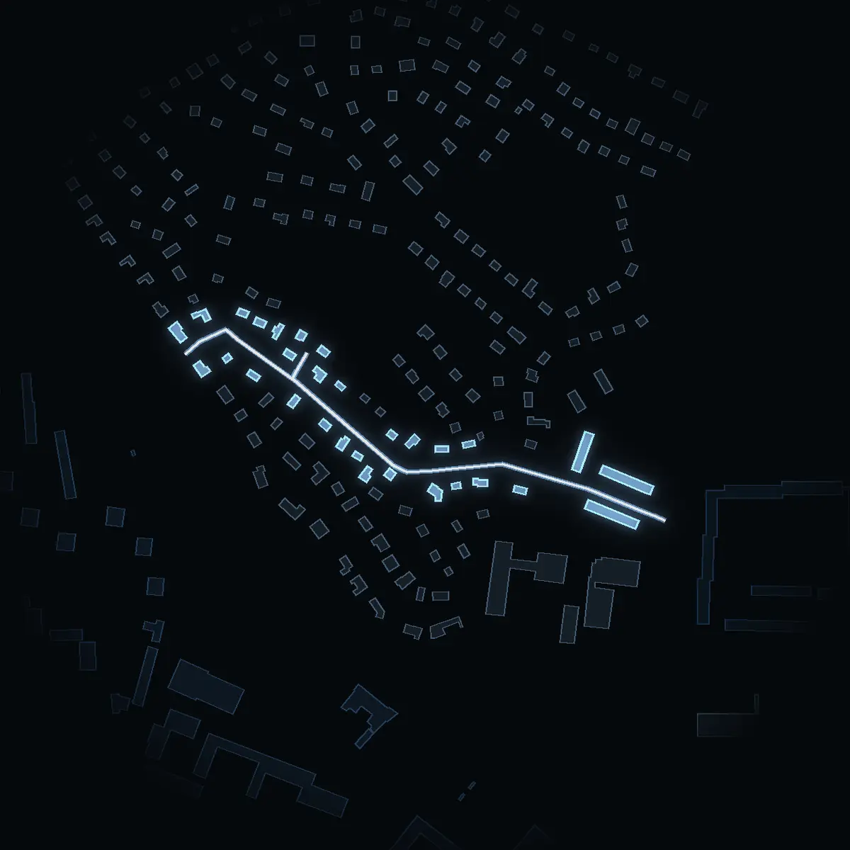 The street at night: Svalvägen drawn in white, its buildings lit in the colour of their area’s income