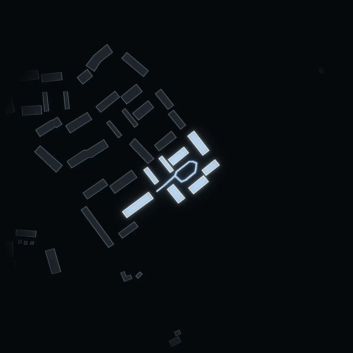 The street at night: Talltunet drawn in white, its buildings lit in the colour of their area’s income